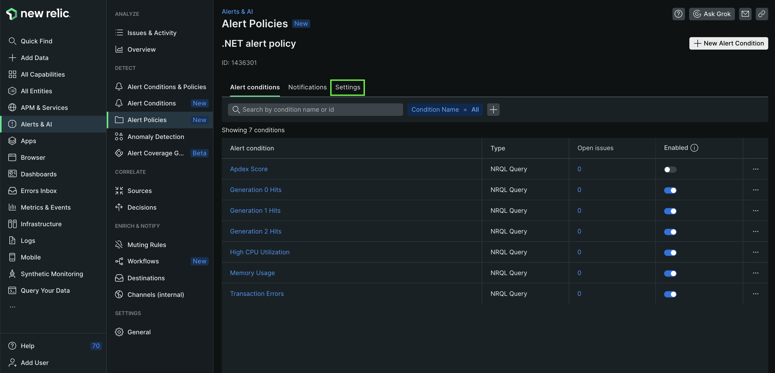 A screenshot showing where the issue preference button is inside the alerts user interface.