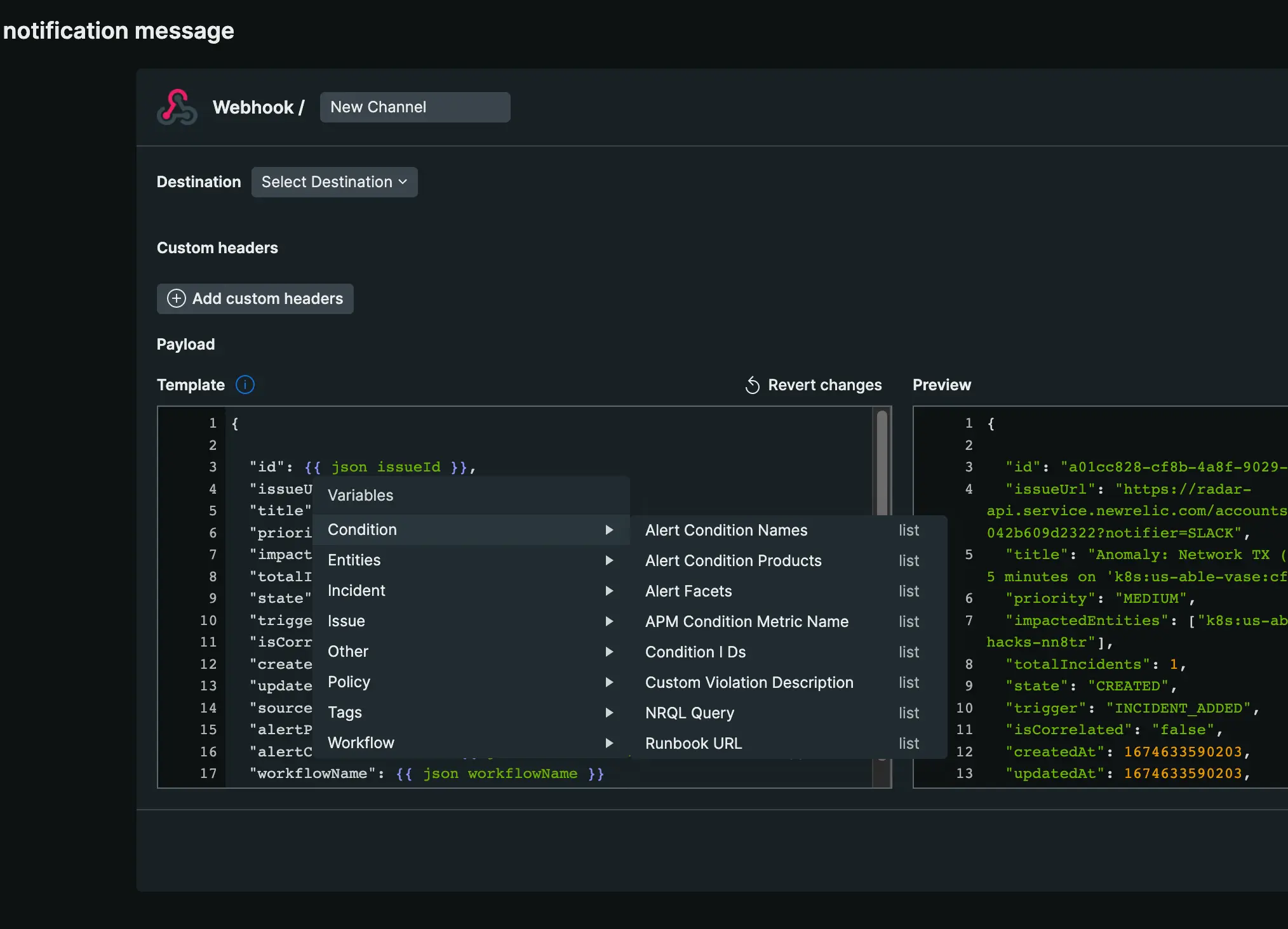 A screenshot of the variables menu that. shows the breadth of variable options available.