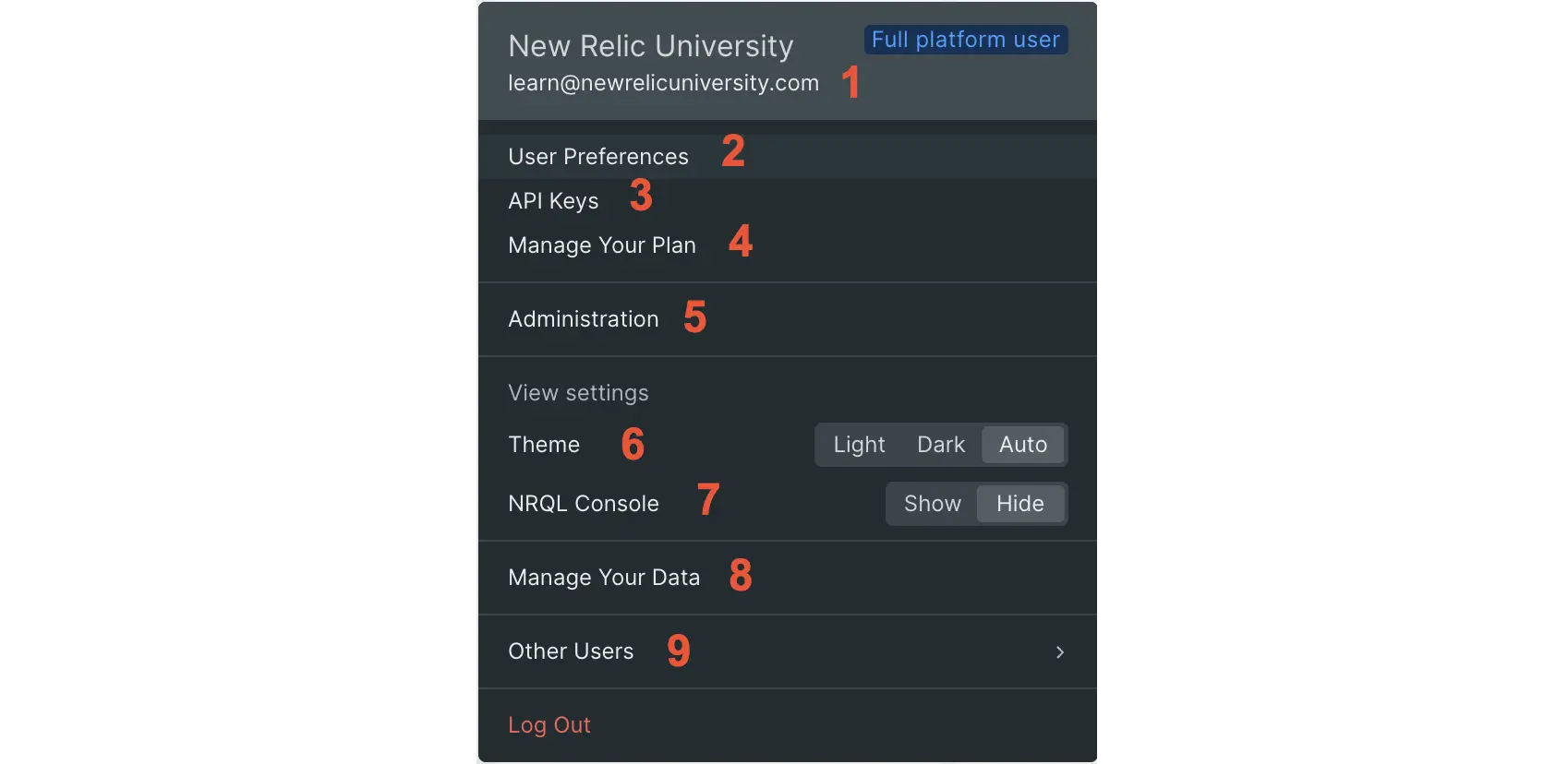 image of the New Relic user menu
