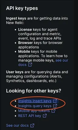 Screenshot of links to Insights keys