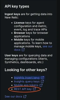 Screenshot of links to legacy REST API keys