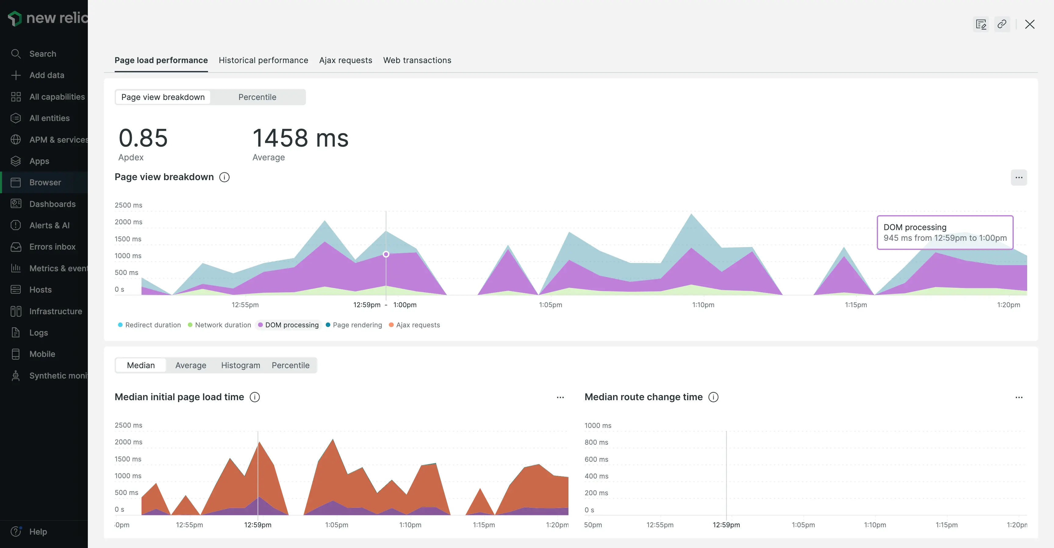 A screenshot of the page view details UI in New Relic