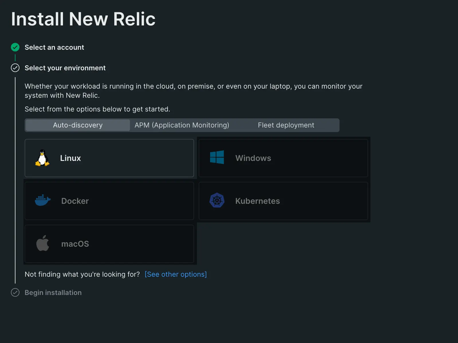 An image displaying New Relic's guided installation for Linux