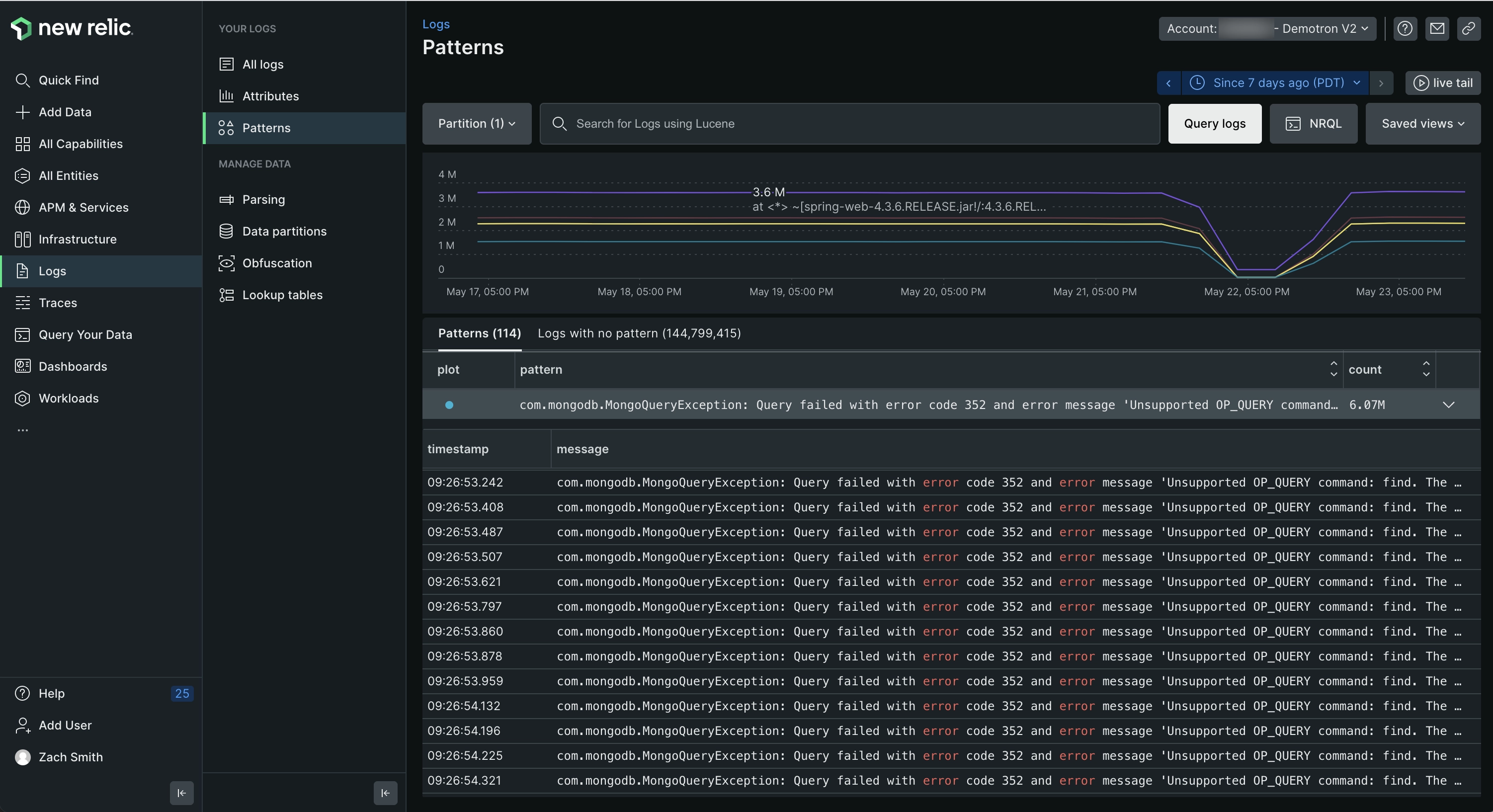 Screenshot of Log patterns UI