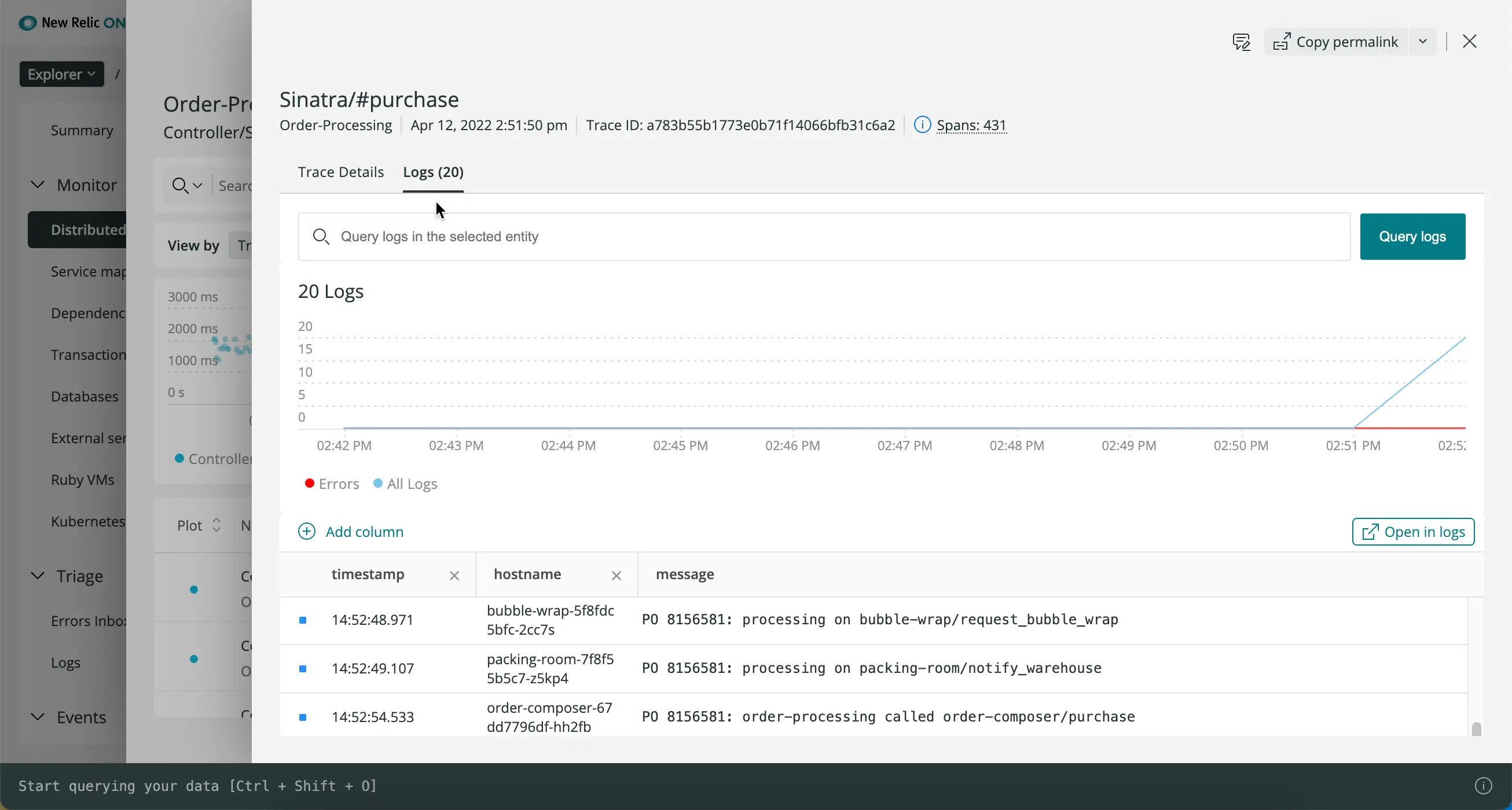 Screenshot of APM distributed tracing UI with logs