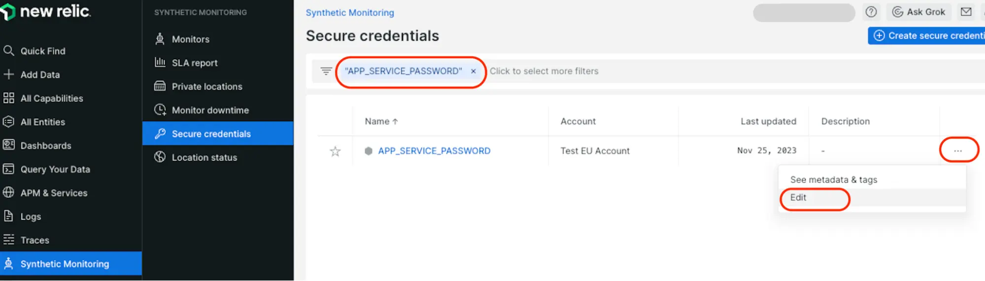 Screenshot showing how to use the filter bar to locate a specific secure credential